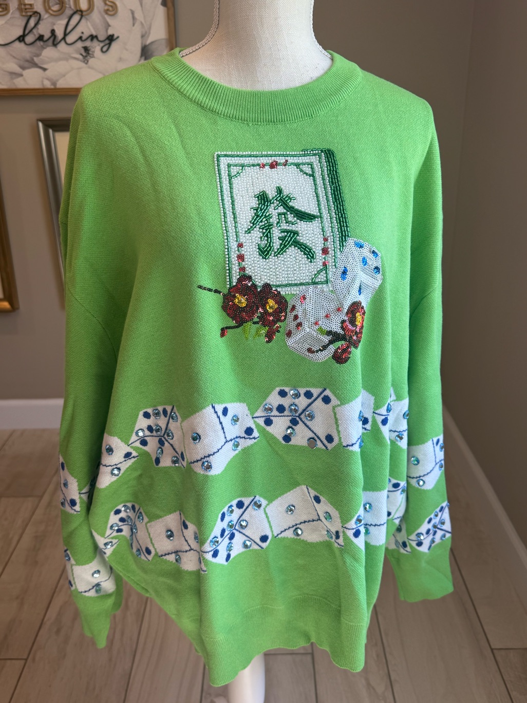 Nwt! Queen Of Sparkles Green Mahjong Tile & Dice Crewneck Sweater
